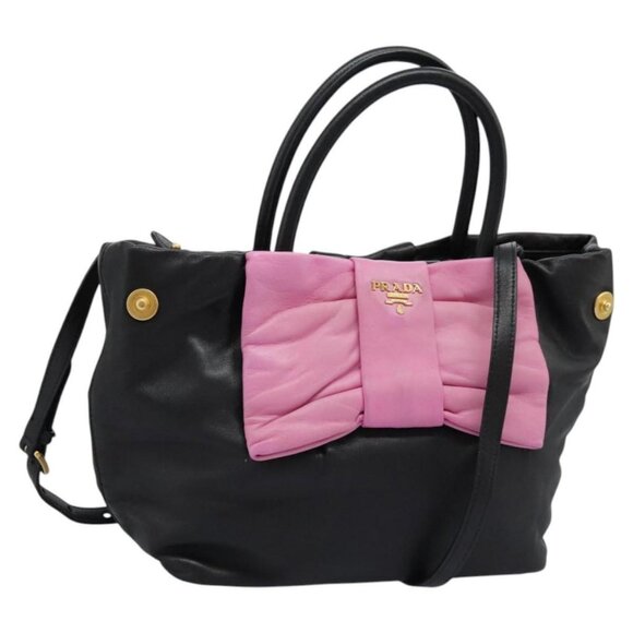 PRADA Ribbon Hand Bag Leather 2way Black Pink Auth BD981 - Picture 1 of 16